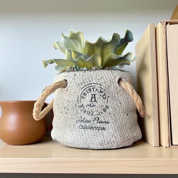 Faux Cabbage Succulent Sack Planter Textured Rope Handle Farmhouse Shabby Chic - Picture 1 of 5